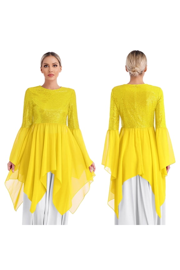 Women Shiny Sequins Patchwork High Low Praise Dance Dress Clothes Yellow XL