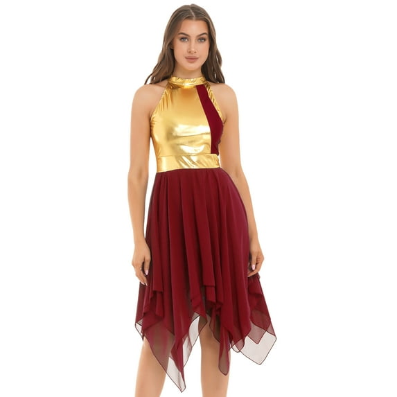 iiniim Womens Color Block Praise Liturgical Dancewear Tunic Sleeveless Irregular Hem Lyrical Dance Dress Burgundy L