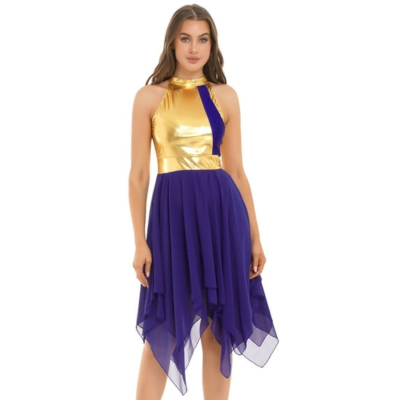 iiniim Women Sleeveless Color Block Lyrical Dance Costume Chiffon Hem Shiny Praise Dance Tunic Dress