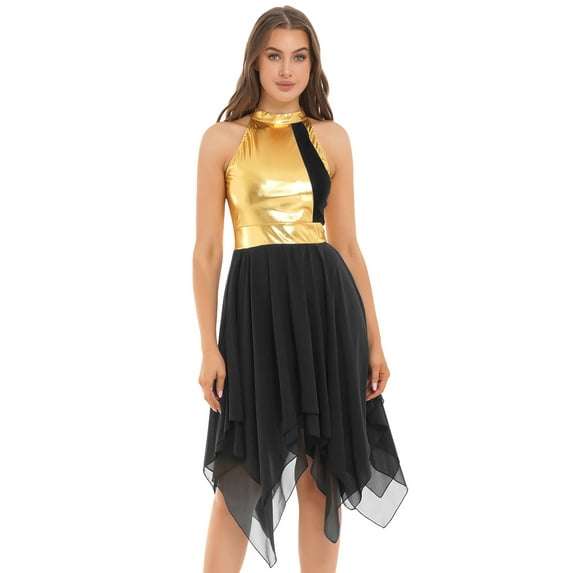 iiniim Womens Color Block Praise Liturgical Dancewear Tunic Sleeveless Irregular Hem Lyrical Dance Dress Black L