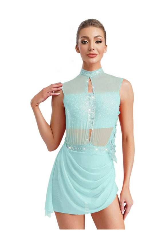 Women Sleeveless Figure Skating Dance Dress Mesh Rhinestones Asymmetrical Sequin Ballet Lyrical Dancewear Light Blue S