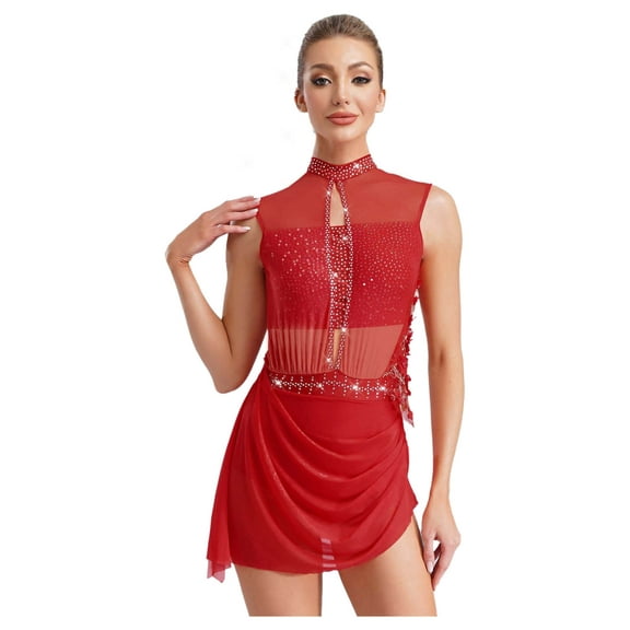 iiniim Women Sleeveless Figure Skating Dance Dress Mesh Rhinestones Asymmetrical Sequin Ballet Lyrical Dancewear Red S