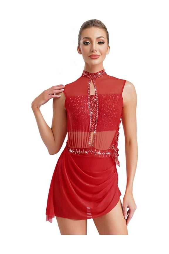 Women Sleeveless Figure Skating Dance Dress Mesh Rhinestones Asymmetrical Sequin Ballet Lyrical Dancewear Red S