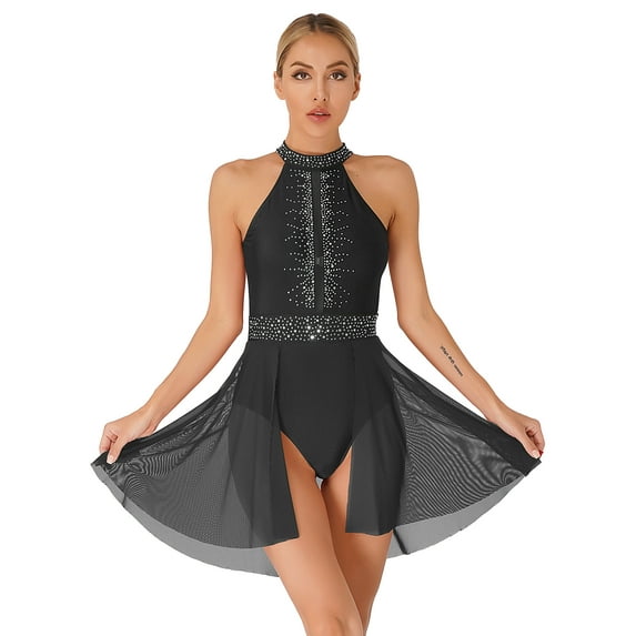 iiniim Women Sleeveless Glitter Rhinestone Gymnastics Ballet Leotards Halter Lyrical Dance Costume Black XXL