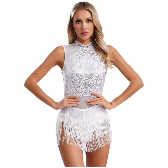 iiniim Women Sleeveless Glitter Sequin Latin Dance Dress Leotard Flowy Tassel Fringed Performance White M