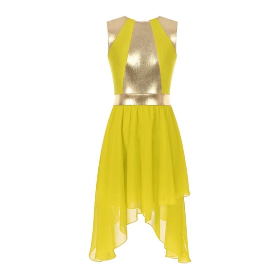 iiniim Women Sleeveless Metallic Gold Color Block Lyrical Dance Dress Yellow L