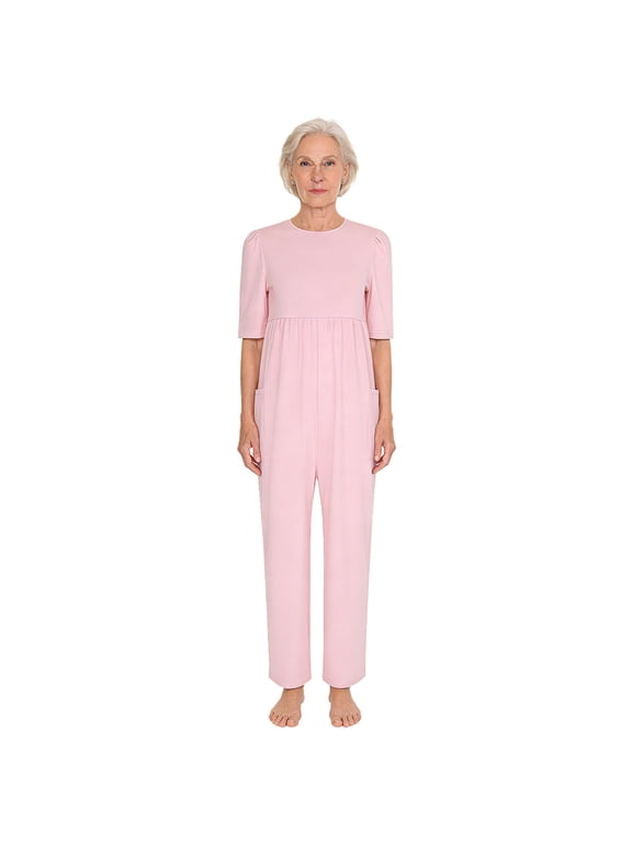 Women Special Needs Adaptive Back Zipper Anti-strip Jumpsuit for Alzheimers Dementia Clothing Pink L