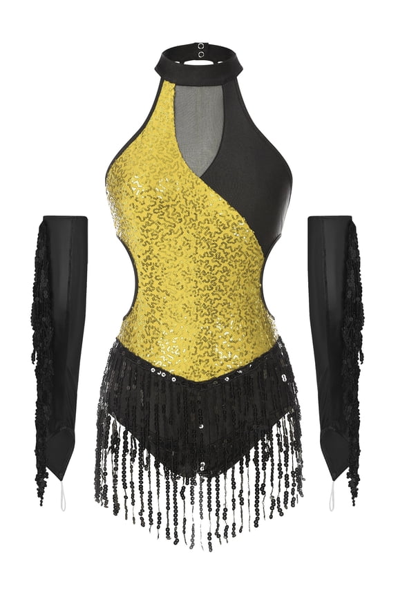 Women Tango Latin Dance Costumes Sequin Fringed Dance Leotard Bodysuit with Metallic Gloves Gold S