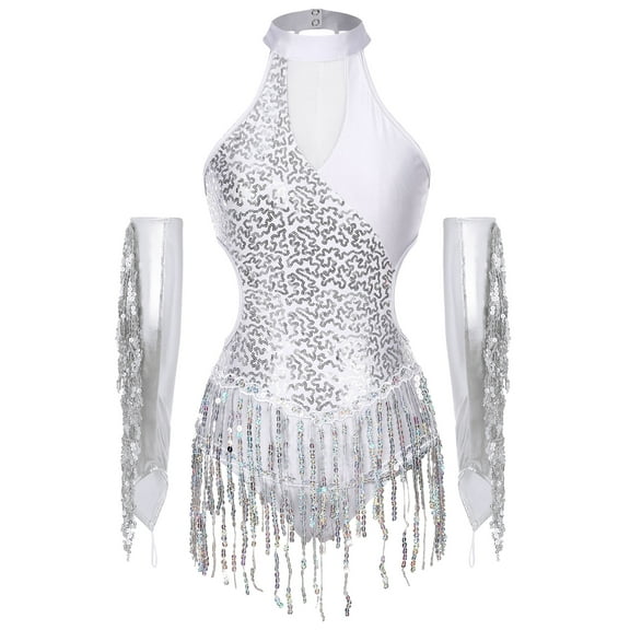 iiniim Women Tango Latin Dance Costumes Sequin Fringed Dance Leotard Bodysuit with Metallic Gloves Silver M