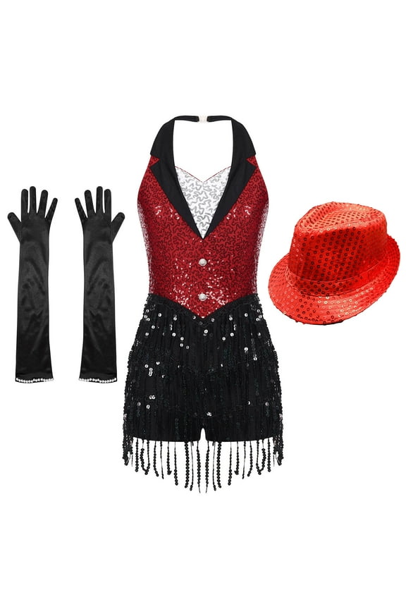 Women Tuxedo Bodysuit Fringe Latin Dance Leotard with Gloves Hat Ballroom Dancewear A Red M