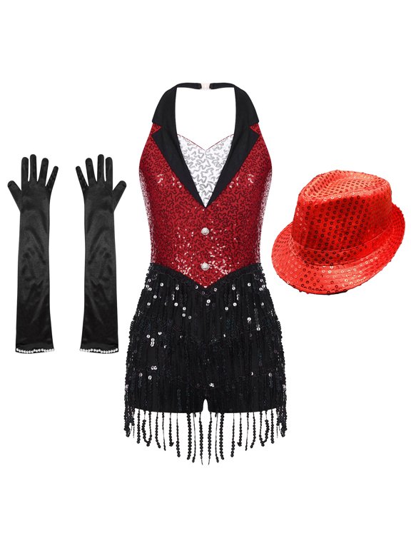 Women Tuxedo Bodysuit Fringe Latin Dance Leotard with Gloves Hat Ballroom Dancewear A Red S