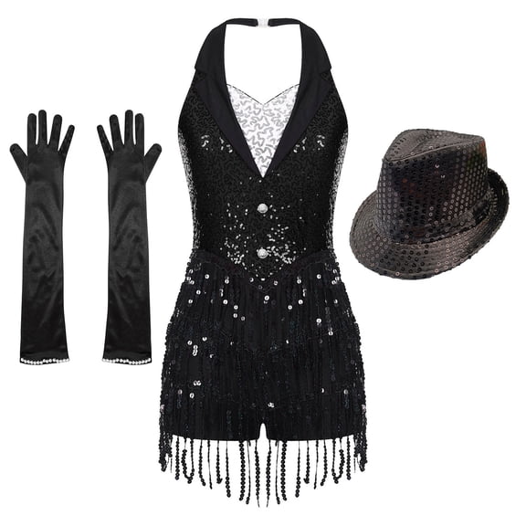 iiniim Women Tuxedo Bodysuit Fringe Latin Dance Leotard with Gloves Hat Ballroom Dancewear Black XXL