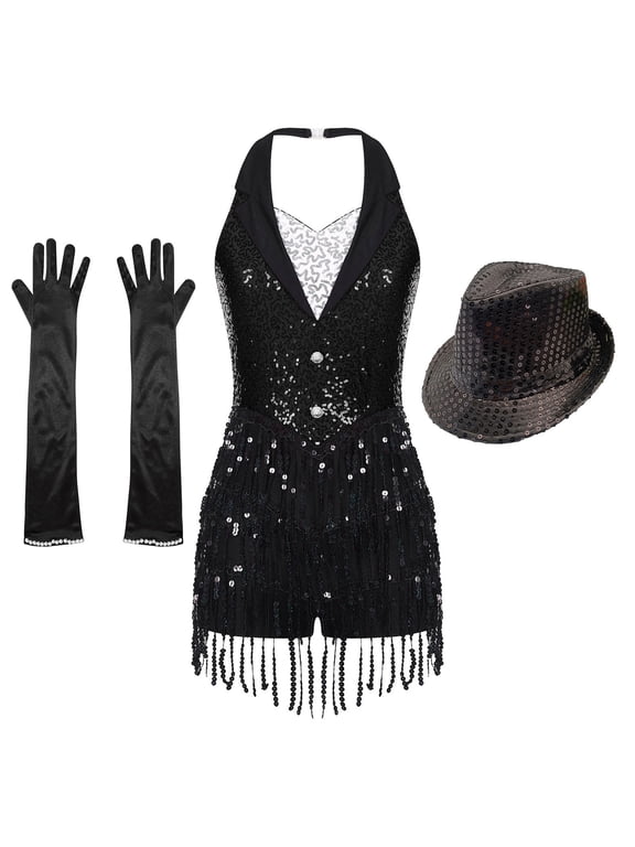 Women Tuxedo Bodysuit Fringe Latin Dance Leotard with Gloves Hat Ballroom Dancewear Black XXL