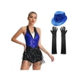 thumbnail image 1 of iiniim Women Tuxedo Bodysuit Fringe Latin Dance Leotard with Gloves Hat Ballroom Dancewear Blue XL, 1 of 7