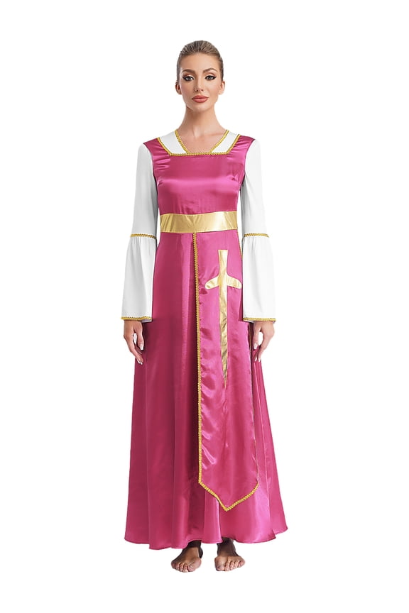 Women's 2 Piece Outfit Liturgical Lyrical Worship Dance Maxi Dress with Praise Dance Tunic Overlay Hot Pink&White XL