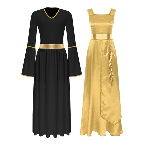 iiniim Women's 2 Piece Outfit Liturgical Lyrical Worship Dance Maxi Dress with Praise Dance Tunic Overlay Yellow&Black S