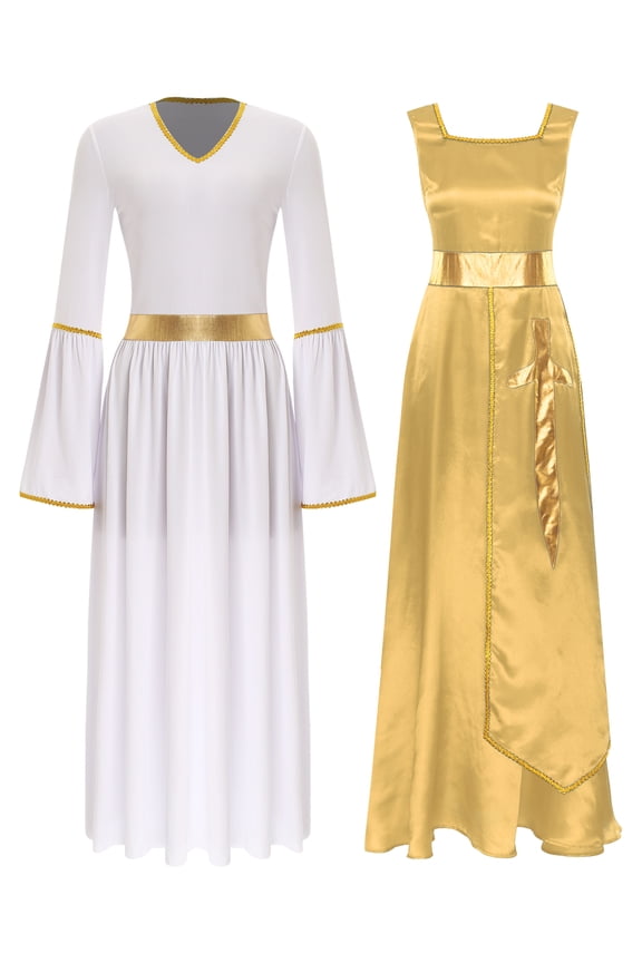 Women's 2 Piece Outfit Liturgical Lyrical Worship Dance Maxi Dress with Praise Dance Tunic Overlay Yellow&White S