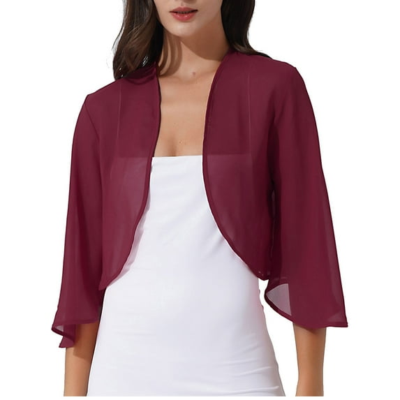 iiniim Women's 3/4 Sleeve Open Front Soft Chiffon Shrug Cardigan for Evening Dress Size S-3XL Burgundy M