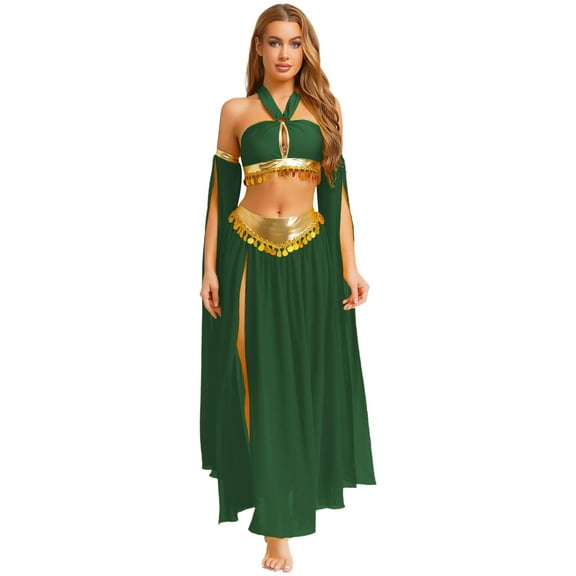 iiniim Women Belly Dance Dress Arabian Greek Princess Halloween Costume Chiffon Skirts 4piece Outfit Green S
