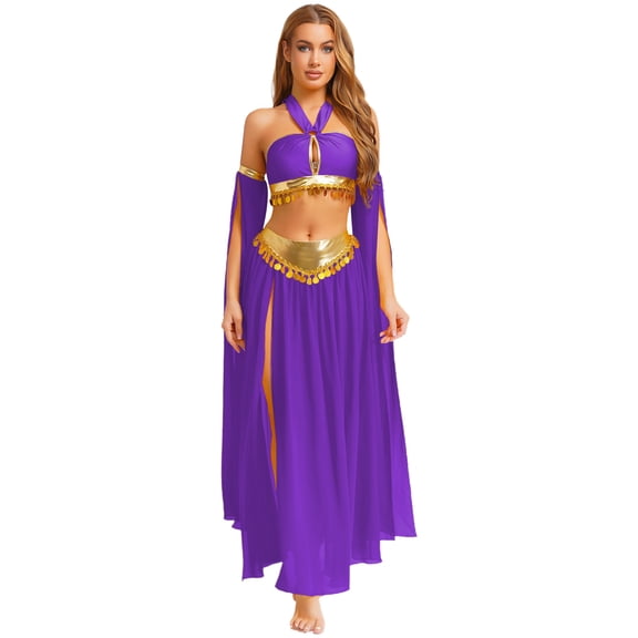iiniim Women Belly Dance Dress Arabian Greek Princess Halloween Costume Chiffon Skirts 4piece Outfit Purple S