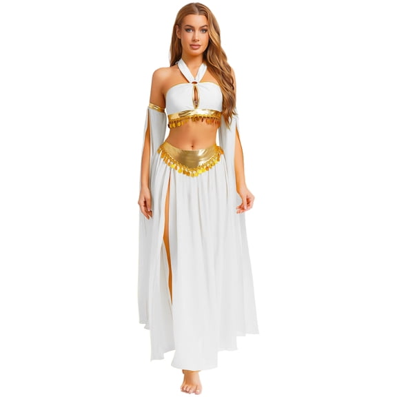 iiniim Women Belly Dance Dress Arabian Greek Princess Halloween Costume Chiffon Skirts 4piece Outfit White S