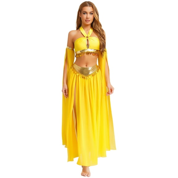 iiniim Women Belly Dance Dress Arabian Greek Princess Halloween Costume Chiffon Skirts 4piece Outfit Yellow M