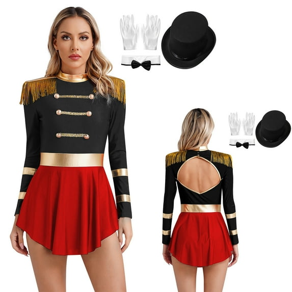 iiniim Women's 4Pcs Tassel Sequins Leotard Tutu Dress Carnival Party Fancy Dress Up Black Long Sleeve B XL