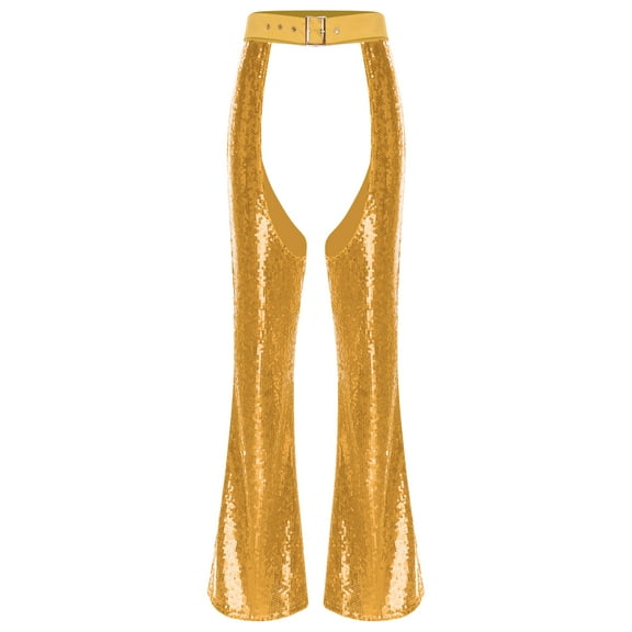 iiniim Women's 70s Western Cowgirl Bell Bottoms Chaps Y2k Flared Pants Disco Party Clubwear Gold XXL