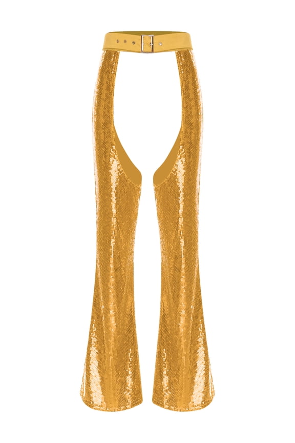 Women's 70s Western Cowgirl Bell Bottoms Chaps Y2k Flared Pants Disco Party Clubwear Gold XXL