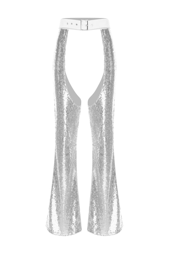 Women's 70s Western Cowgirl Bell Bottoms Chaps Y2k Flared Pants Disco Party Clubwear Silver S