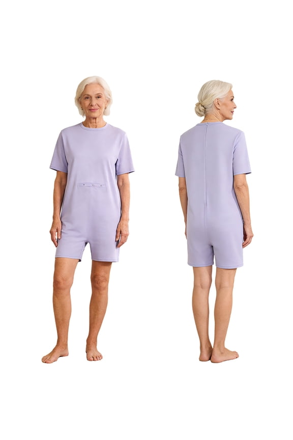 Women's Adaptive Jumpsuit with Feeding Tube Access Short Sleeve Short Rompers with Back Zipper Lavender M