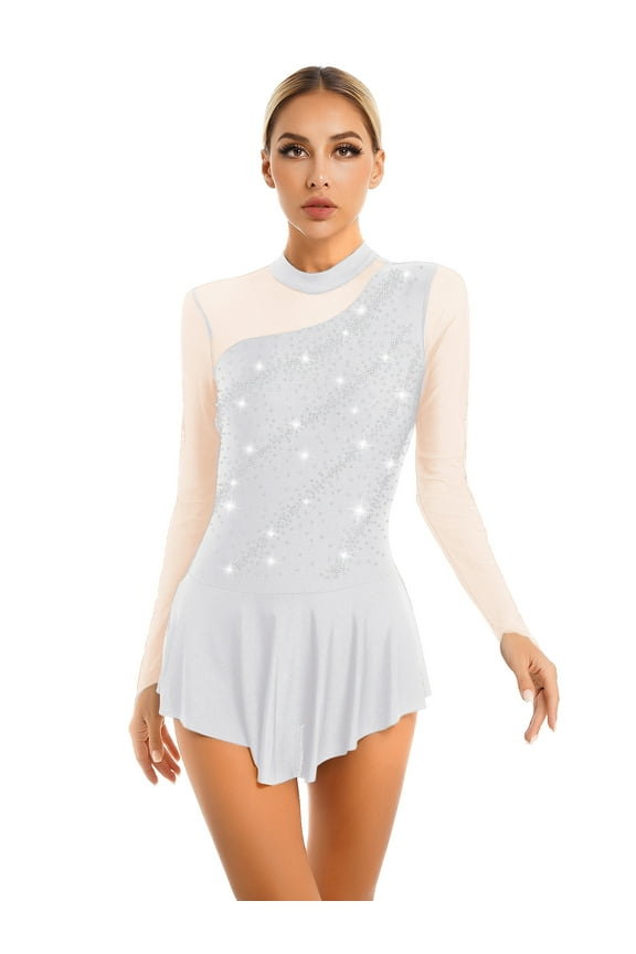 Women's Adult High Collar Mesh Figure Ice Skating Dresses Backless Ballet Dance Leotard