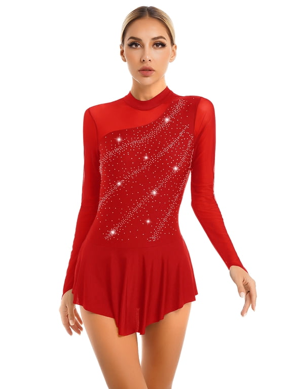 Women's Adult High Collar Mesh Figure Ice Skating Dresses Backless Ballet Dance Leotard