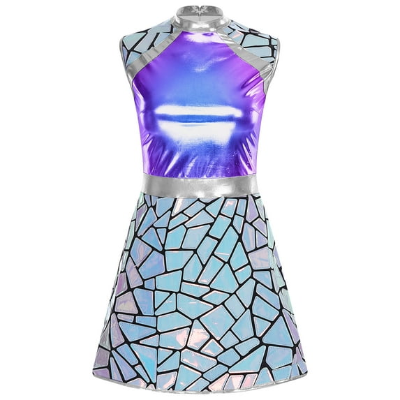 iiniim Women's Alien Astronaut Fly Sleeve Metallic Shiny Dress Space Costume Blue M