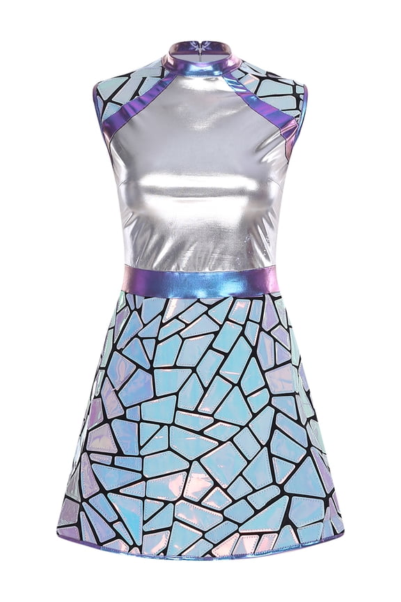 Women's Alien Astronaut Fly Sleeve Metallic Shiny Dress Space Costume Silver XL