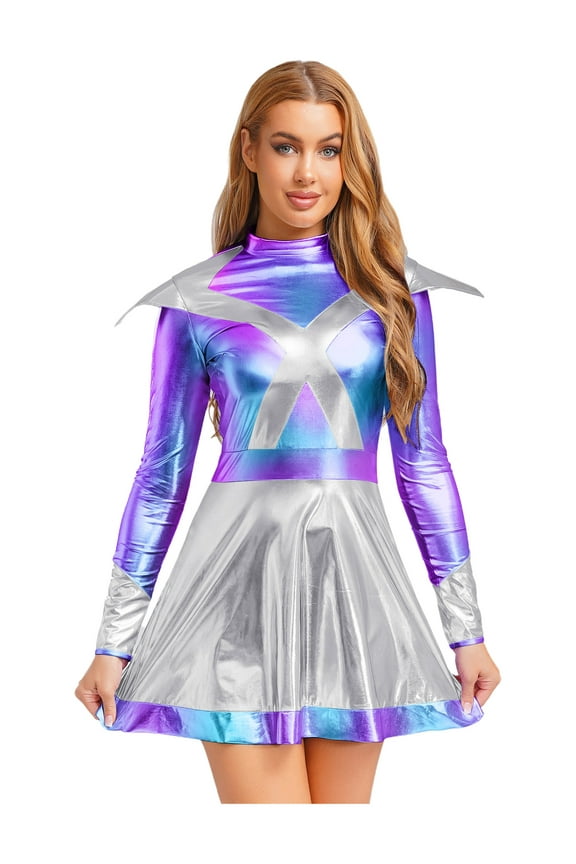 Women's Alien Costume Shiny Metallic Cap Sleeves Dress Astronaut Space Cadet Outfits Silver L