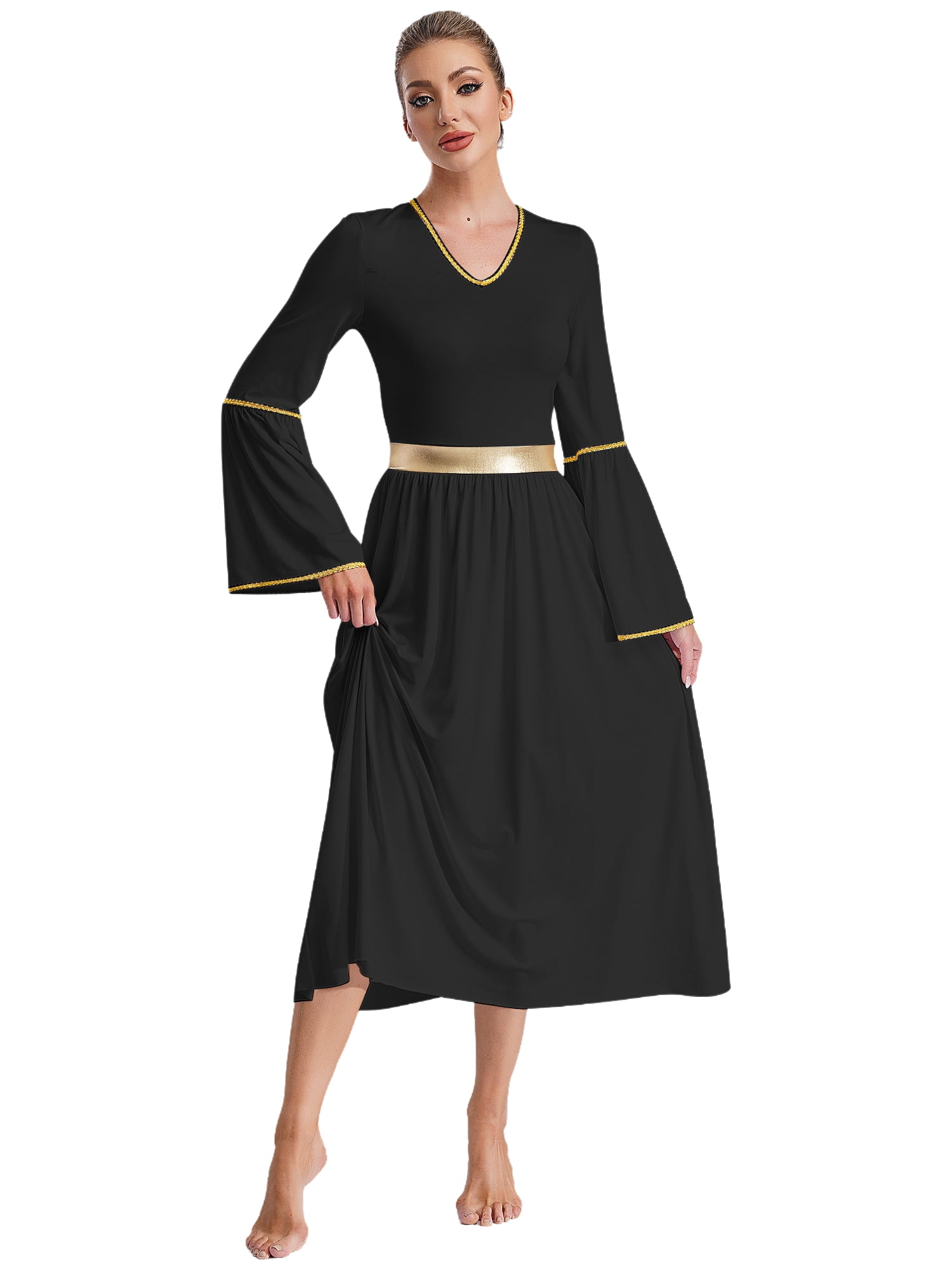 iiniim Women's Angel Costume Gold Trim Long Sleeve Tunic Gown Worship ...