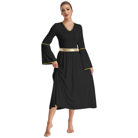 iiniim Women's Angel Costume Gold Trim Long Sleeve Tunic Gown Worship Praise Dance Dress Black XXL