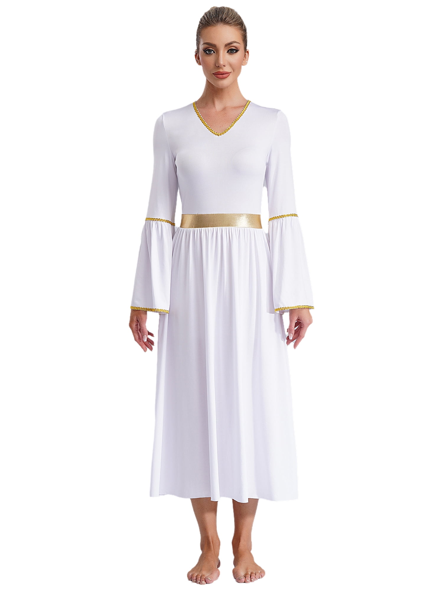 iiniim Women's Angel Costume Gold Trim Long Sleeve Tunic Gown Worship ...