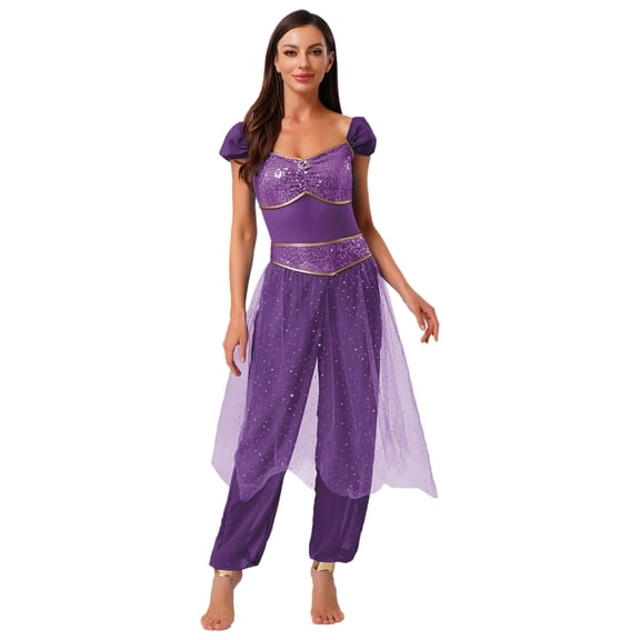 iiniim Women's Arabian Princess Costume Shiny Sequin Belly Dance Halloween Jumpsuits with Tulle Purple L