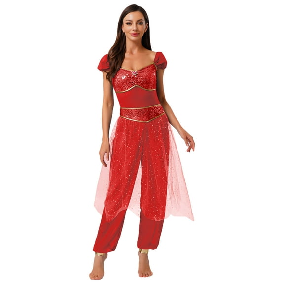 iiniim Women's Arabian Princess Costume Shiny Sequin Belly Dance Halloween Jumpsuits with Tulle Red XXL