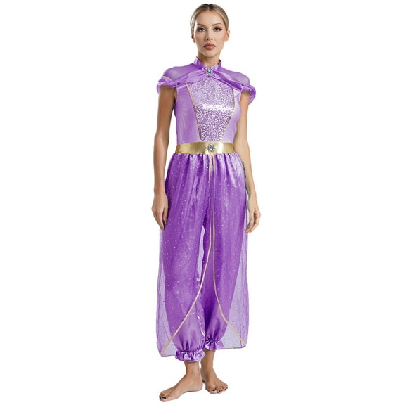iiniim Women's Arabian Princess Queen Romper Jumpsuit Bloomers Tulle Overlay Fairy Tale Fancy Dress Up Purple L