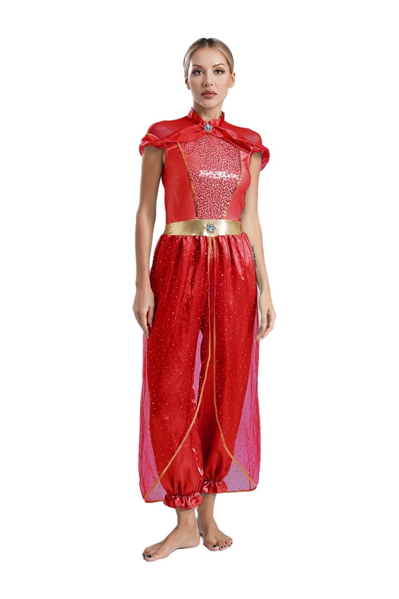 Women's Arabian Princess Queen Romper Jumpsuit Bloomers Tulle Overlay Fairy Tale Fancy Dress Up Red L