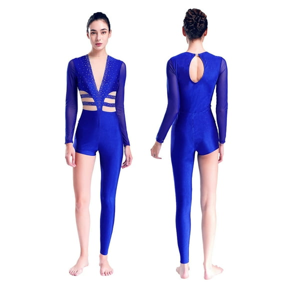 iiniim Women's Asymmetrical Gymnastics Leotard Long Sleeve Round Neck Figure Skating Jumpsuit Blue S