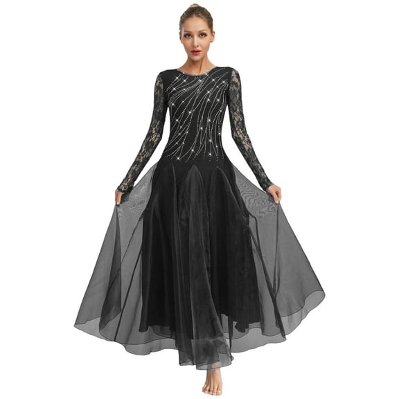iiniim Women's Ballroom Dance Competition Dress Floral Lace Long Sleeves Rhinestones Waltz Modern Dancewear Black XXL