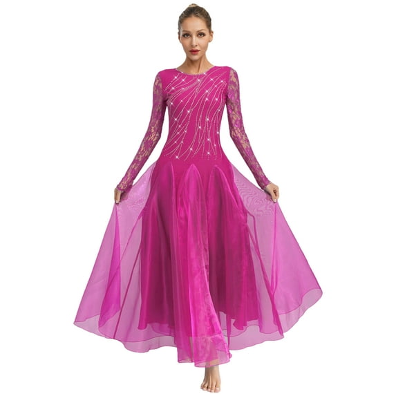 iiniim Women's Ballroom Dance Competition Dress Floral Lace Long Sleeves Rhinestones Waltz Modern Dancewear Hot Pink M