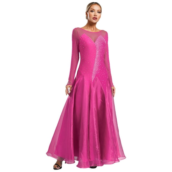 iiniim Women's Ballroom Modern Dance Big Swing Long Dress Waltz Competition Costume Hot Pink S