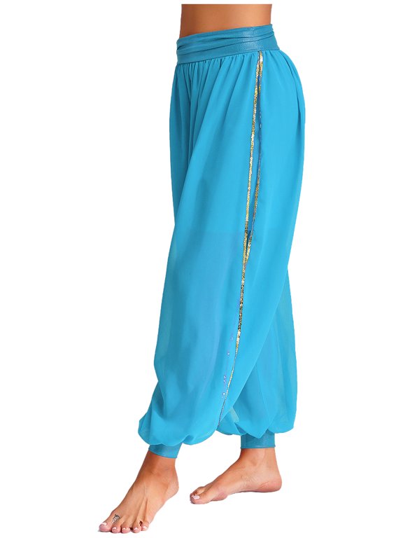 Women's Belly Dance Harem Pants Side Slits Sequins Bloomers Halloween Fancy Pants Trousers Light Blue One Size
