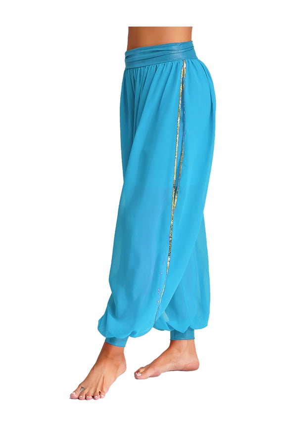 Women's Belly Dance Harem Pants Side Slits Sequins Bloomers Halloween Fancy Pants Trousers Light Blue One Size