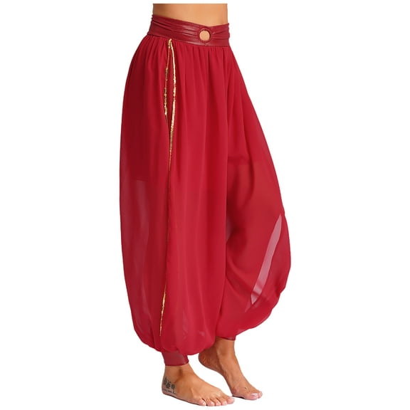 iiniim Women's Belly Dance Harem Pants Side Slits Sequins Bloomers Halloween Fancy Pants Trousers Red One Size